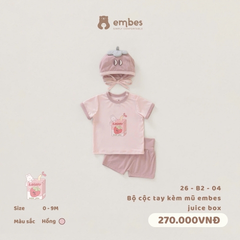 EMBES - Bộ cộc tay kèm mũ embes juice box - 26-B2-04 - Hồng - 0-3M - SS26.T5A