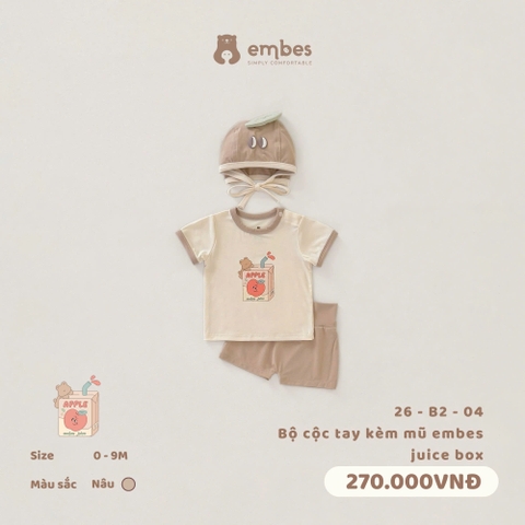 EMBES - Bộ cộc tay kèm mũ embes juice box - 26-B2-04 - Nâu - 3-6M - SS26.T5A