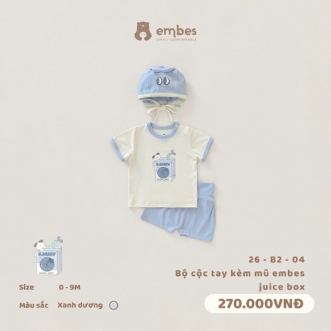 EMBES - Bộ cộc tay kèm mũ embes juice box - 26-B2-04 - Xanh Dương - 3-6M - SS26.T5A