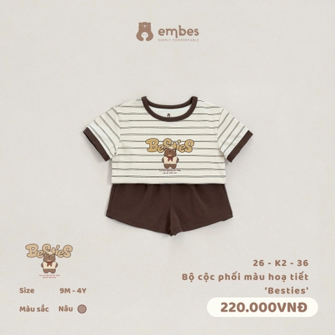EMBES - Bộ cộc phối màu hoạ tiết Besties - 26-K2-36 - Nâu - 2-3Y - SS26.T5B