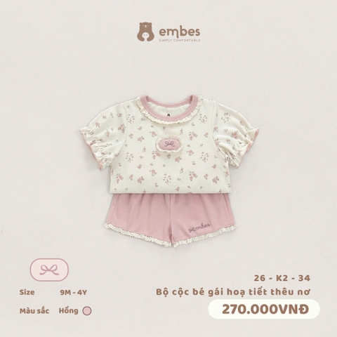 EMBES - Bộ cộc bé gái hoạ tiết thêu nơ - 26-K2-34 - Hồng - 12-18M - SS26.T5B