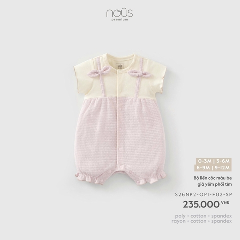 NOUS - Bộ liền cộc màu be giả yếm phối tím - 0-3M - SS26.T5B