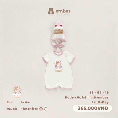 EMBES - Body cộc kèm mũ embes 1st B-Day - 26-B2-19 - Hồng Be - 9-12M - SS26.T5B