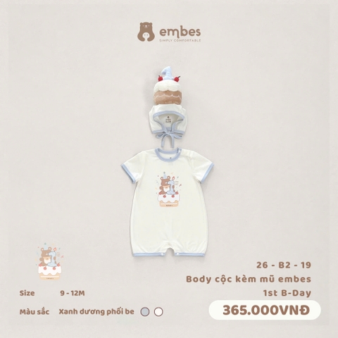 EMBES - Body cộc kèm mũ embes 1st B-Day - 26-B2-19 - Xanh Be - 9-12M - SS26.T5B