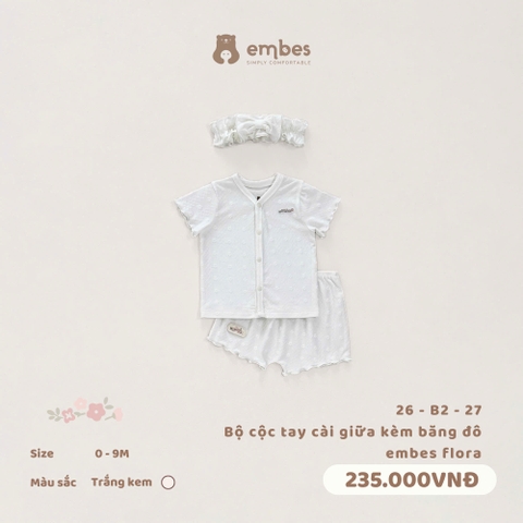 EMBES - Bộ cộc tay cài giữa kèm băng đô embes flora - 26-B2-27 - Trắng kem - 3-6M - SS26.T5C