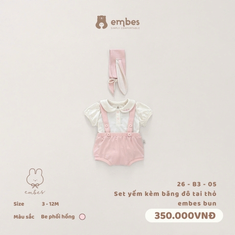 EMBES - Set yếm kèm băng đô tai thỏ embes bun - 26-B3-05 - Be phối hồng - 9-12M - SS26.T6A