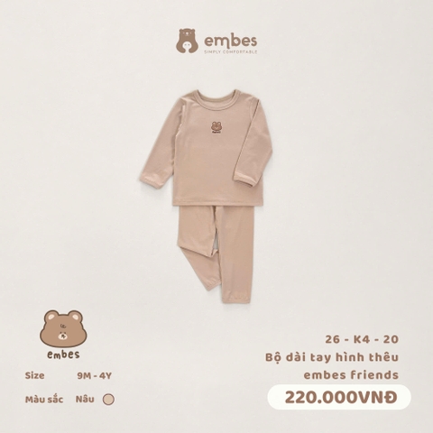 EMBES - Bộ dài tay hình thêu embes friends  - 26-K4-20 - nâu - 9-12M - SS26.T6A