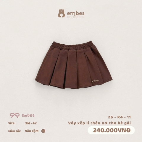 EMBES - Váy xếp li thêu nơ cho bé gái  - 26-K4-11 - nâu đậm - 2-3Y - SS26.T6A