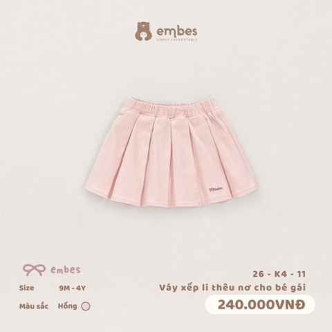 EMBES - Váy xếp li thêu nơ cho bé gái  - 26-K4-11 - hồng - 9-12M - SS26.T6A