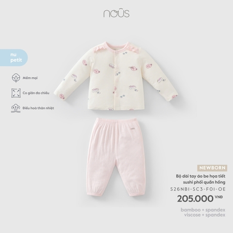 NOUS - Bộ dài tay áo be họa tiết sushi phối quần hồng - Newborn - SS26.T6A