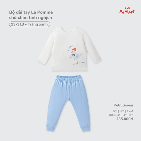LP - Bộ dài tay La Pomme chú chim tinh nghịch - Trắng Xanh - 3-4Y - SS26.T7A