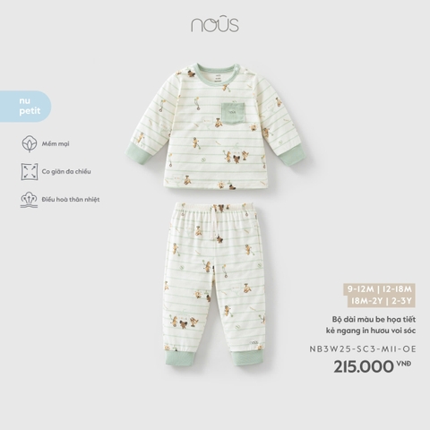 NOUS - Bộ dài màu be họa tiết kẻ ngang in hươu voi sóc - 2-3Y - SS26.T7A