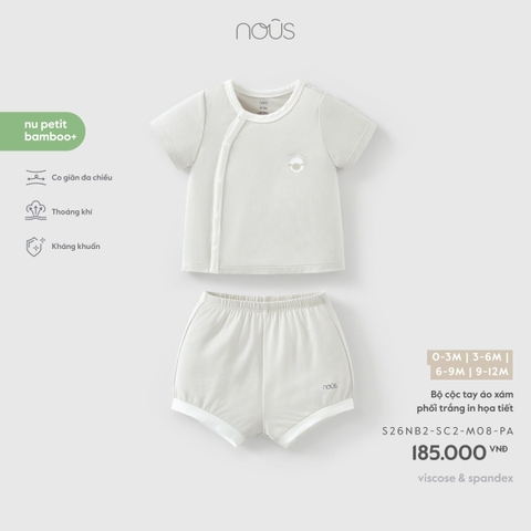 NOUS - Bộ cộc tay áo xám phối trắng in họa tiết - 3-6M - SS26.T7A