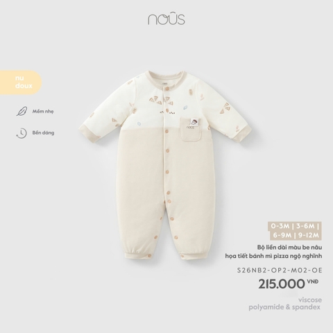 NOUS - Bộ liền dài màu be nâu họa tiết bánh mì pizza ngộ nghĩnh - 6-9M - SS26.T7A