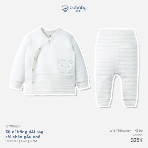 BU ĐÂY - Bộ nỉ bông dài tay cài chéo Gấu nhỏ - ICT1108GN - Trắng kem+kẻ be - Newborn - SS26.T8C
