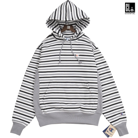 Champion, Reverse Weave Hoodie, All Over Print - Text Stripe Concrete Grey