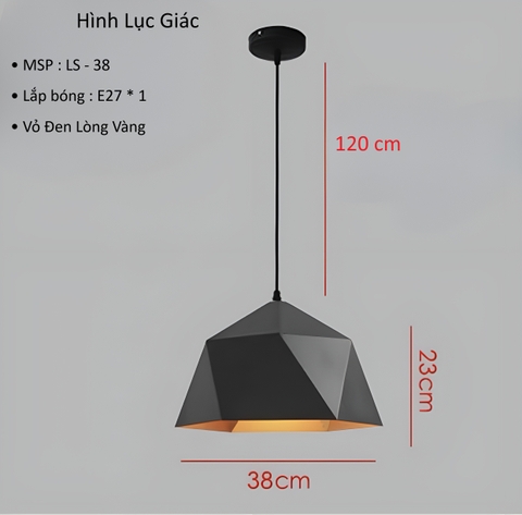 CHAO ĐÈN THẢ ĐƠN HÌNH LỤC GIÁC VỎ ĐEN LÒNG VÀNG - BÓNG E27*1 - M: LS -38