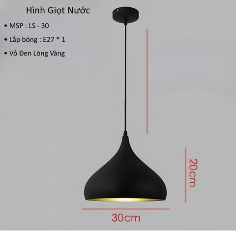 CHAO ĐÈN THẢ ĐƠN VỎ ĐEN LÒNG VÀNG HÌNH GIỌT NƯỚC - BÓNG E27*1 - M: LS - 30