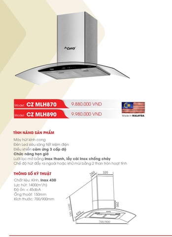 MÁY HÚT MÙI CANZY KÍNH CONG - KÍCH THƯỚC: 700/900MM - M: CZ MLH890