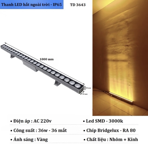 THANH LED HẮT NGOÀI TRỜI DÀI 1 MÉT MÀU XÁM NÒNG SÚNG CÔNG SUẤT 36W ÁNH SÁNG VÀNG 3000K, ĐIỆN ÁP AC 220V, MÃ SẢN PHẨM : TD 3643