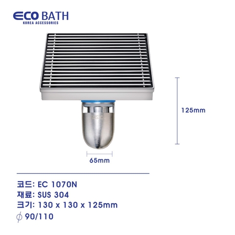 Ga thoát sàn Inox 304 mờ cao cấp  hình vuông mặt 13*13 cm lắp ống 90 hoặc 110 mm, Mã sản phẩm: EC-1070N