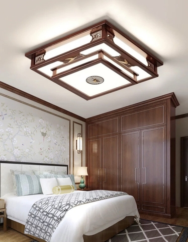 Đèn ốp trần hình vuông 2 tầng mặt 4 lá kẻ sọc màu gỗ ốc chó, công suất Led 2*40w, ánh sáng 3 màu, Mã sản phẩm: GV1-V