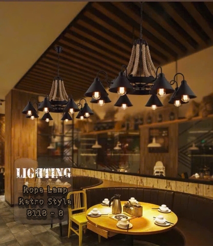 ĐÈN THẢ BÀN ĂN 8 CHAO QUAY XUỐNG DÂY THẢ THỪNG ĐUI E27*8,  PHONG CÁCH RETRO, MÃ SẢN PHẨM: 8118-8