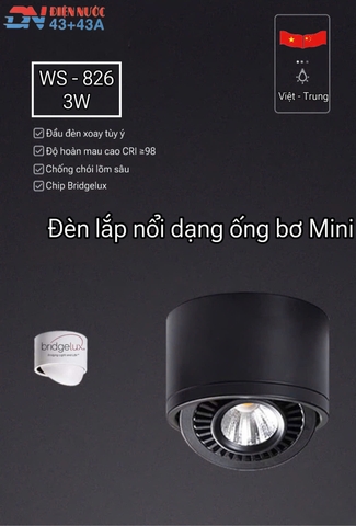 ĐÈN LED LẮP NỔI DẠNG ỐNG BƠ SURFACE MINI 360 SPOTLIGHT - 3000k / 4000k - CÔNG SUẤT 3 watt - GÓC CHIẾU 24 ĐỘ - CRI98 - MODEL : WS - 826
