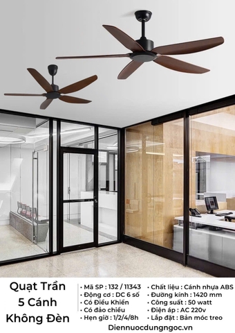 QUẠT TRẦN 5 CÁNH KHÔNG ĐÈN - ĐỘNG CƠ DC 6 SỐ - CÓ ĐẢO CHIỀU - HẸN GIỜ 1/2/4/8h - ĐƯỜNG KÍNH 1420 mm - CÔNG SUẤT 50 Watt - MODEL : 132/11343
