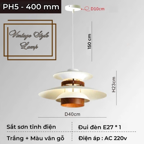 CHAO ĐÈN THẢ BÀN ĂN PHONG CÁCH VINTAGE - CHAO SẮT SƠN TĨNH ĐIỆN - LẮP BÓNG E27 - MODEL : PH5 - 400 mm