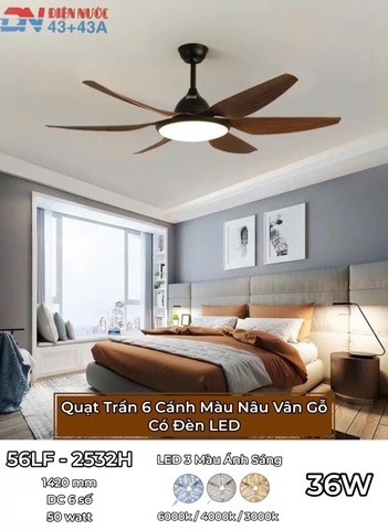 QUẠT TRẦN 6 CÁNH CÓ ĐÈN MÀU NÂU VÂN GỖ - ÁNH SÁNG 3 MÀU 36 watt - DC 6 SỐ 50 watt - CÓ ĐẢO CHIỀU - HẸN GIỜ 1 / 2 / 4 / 8h - MODEL : 56LF - 2532H