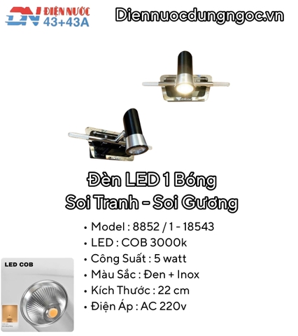 ĐÈN LED SOI TRANH SOI GƯƠNG ÁNH SÁNG VÀNG 3000k - MÀU ĐEN + INOX - MODEL : 8852