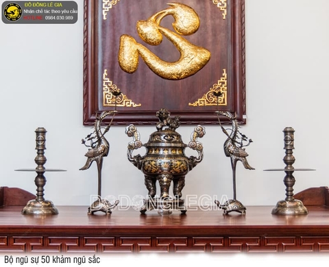Bộ Ngũ Sự bằng đồng đỏ khảm ngũ sắc đủ kích thước