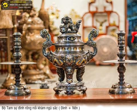 Bộ Tam Sự Đỉnh Rồng Nổi khảm ngũ sắc (Đỉnh + Nến)