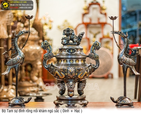 Bộ Tam Sự Đỉnh Rồng Nổi khảm ngũ sắc (Đỉnh + Hạc)