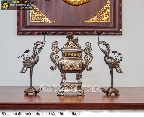 Bộ Tam Sự Đỉnh Vuông khảm ngũ sắc (Đỉnh và Hạc)