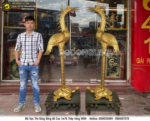 Đôi hạc thờ đúc bằng đồng đỏ thếp vàng 9999