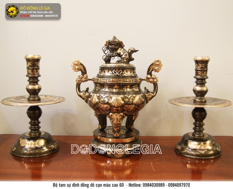 Bộ tam sự bằng đồng đỏ cạo màu cao 60 cm