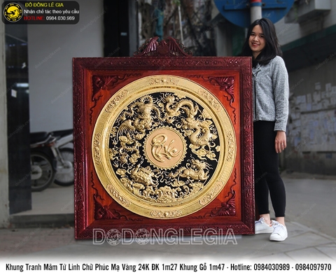 Tranh đồng Mâm tứ linh chữ Phúc mạ vàng 24k 