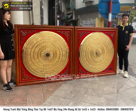 Tranh mặt trống gò tay thủ công mạ vàng 24k