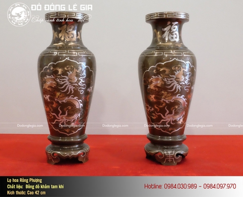 Lọ hoa khảm tam khí hoa văn rồng phượng