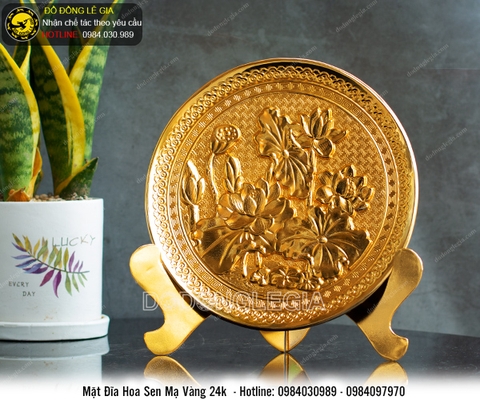 Mặt Đĩa Hoa Sen bằng đồng mạ vàng 24k ĐK21cm
