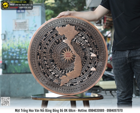 Mặt Trống đồng đỏ hoa văn nổi bản đồ đk 60cm