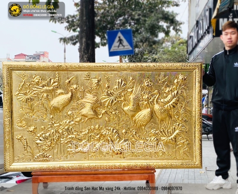Tranh sen hạc bằng đồng phủ vàng 24k KT 1m97x1m07
