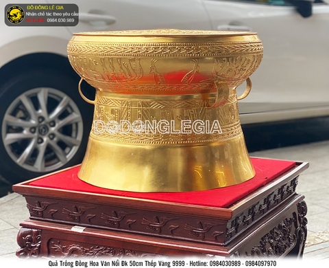 Trống đồng đường kính 50cm hoa văn nổi, thếp vàng 9999