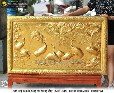 Tranh Tùng Hạc mạ vàng 24k khung đồng 1m28x75cm