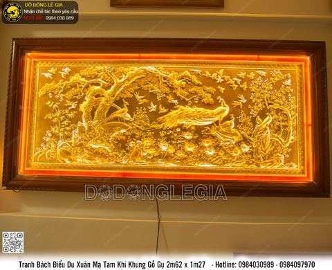 Tranh Bách Điểu Du Xuân mạ tam khí khung gỗ gụ 2m62 x 1m27