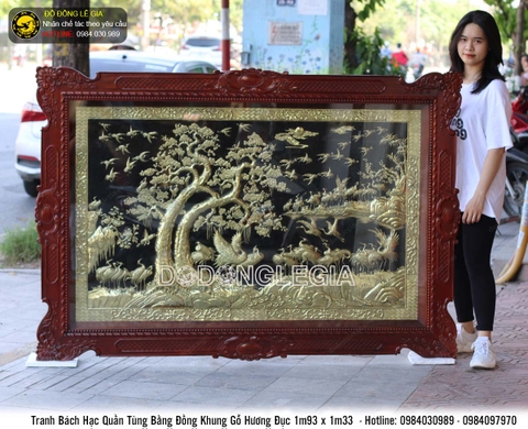 Tranh bách hạc quần tùng bằng đồng khung gỗ hương 193cmx133cm