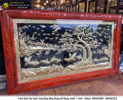 Tranh đồng Bác hạc quần tùng khung gỗ hương 