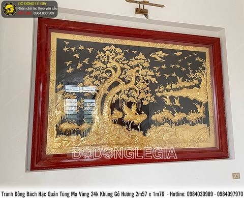 Tranh bách hạc quần tùng mạ vàng 24k KT 2m57x1m76